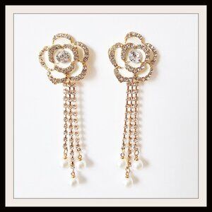 Extra Long Pearl & Crystal Cream Flower Earrings Designer Inspired Gold A56